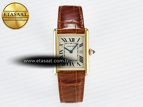 Cartier Tank Must 33.7mm Şampanya Kadran Sarı Altın Kasa Deri Kordon DRF Swiss Quartz Ref.23897 Super Clone ETA – Ön Cephe Kadran ve Kasa Görünümü