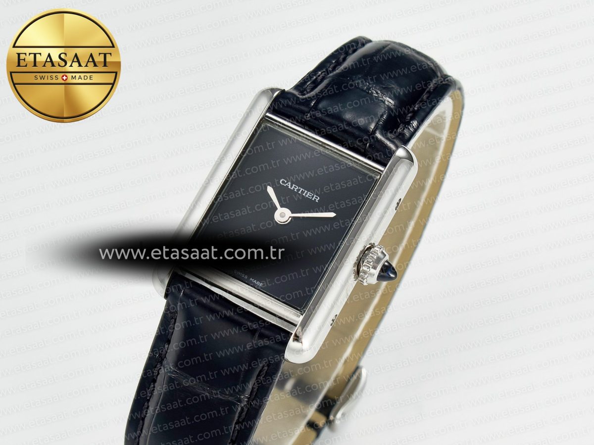 Cartier Tank Must Small SS 29mm DRF 1:1 Best Edition Black Dial on Black Leather Strap Swiss Quartz - Görsel 1