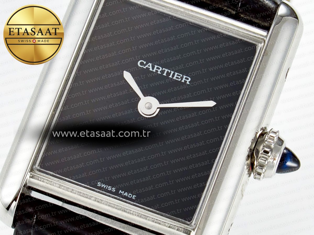 Cartier Tank Must Small SS 29mm DRF 1:1 Best Edition Black Dial on Black Leather Strap Swiss Quartz - Görsel 10