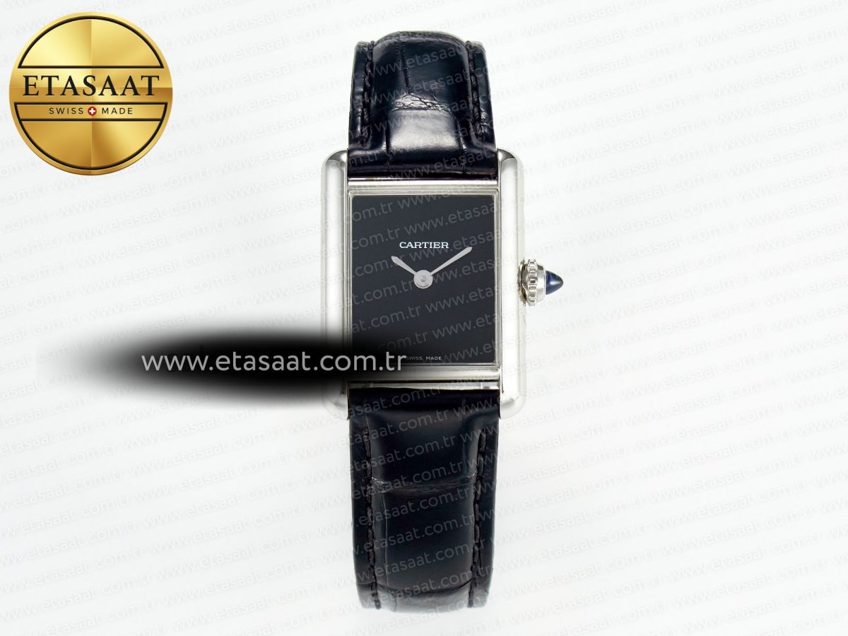 Cartier Tank Must Small SS 29mm DRF 1:1 Best Edition Black Dial on Black Leather Strap Swiss Quartz - Görsel 3