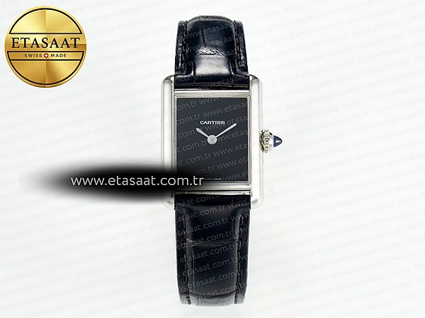 Cartier Tank Must 29mm Siyah Kadran Deri Kordon DRF Swiss Quartz Super Clone ETA – Ön Cephe Kadran ve Kasa Görünümü