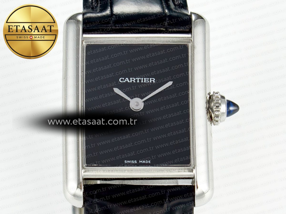 Cartier Tank Must Small SS 29mm DRF 1:1 Best Edition Black Dial on Black Leather Strap Swiss Quartz - Görsel 4