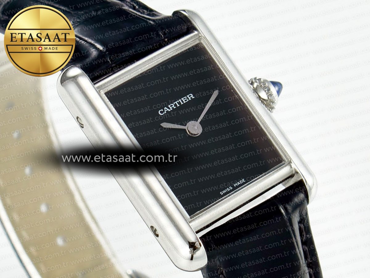 Cartier Tank Must Small SS 29mm DRF 1:1 Best Edition Black Dial on Black Leather Strap Swiss Quartz - Görsel 5