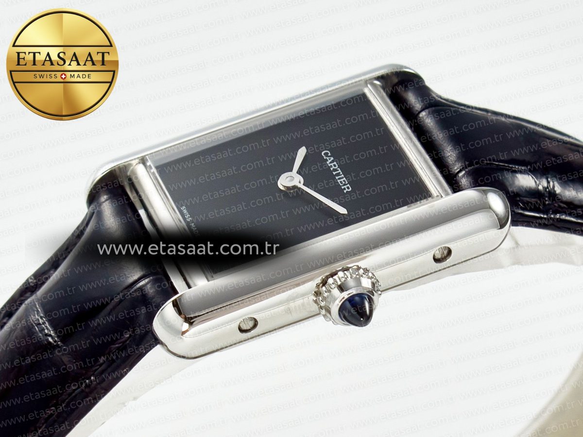 Cartier Tank Must Small SS 29mm DRF 1:1 Best Edition Black Dial on Black Leather Strap Swiss Quartz - Görsel 6
