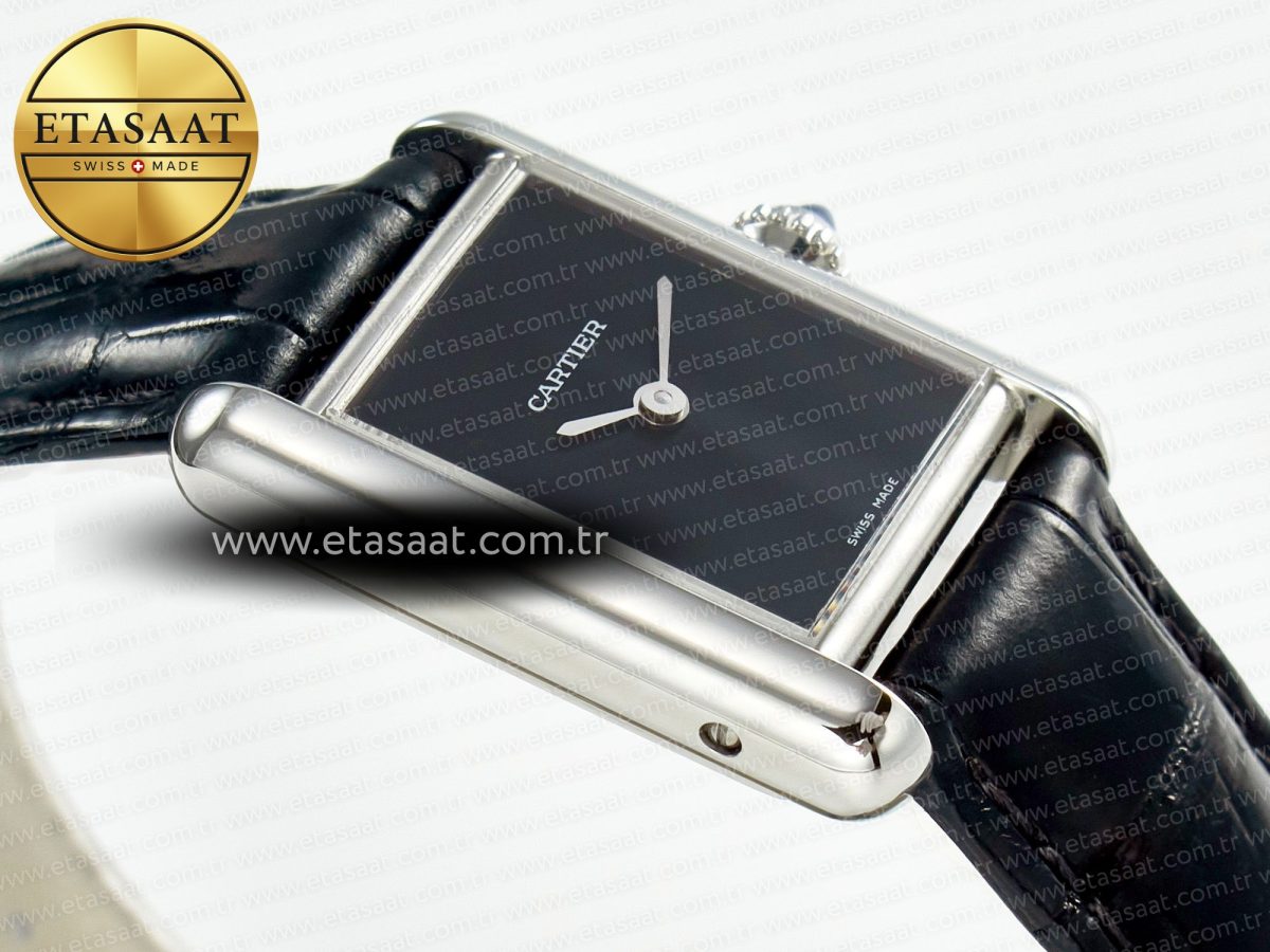 Cartier Tank Must Small SS 29mm DRF 1:1 Best Edition Black Dial on Black Leather Strap Swiss Quartz - Görsel 7