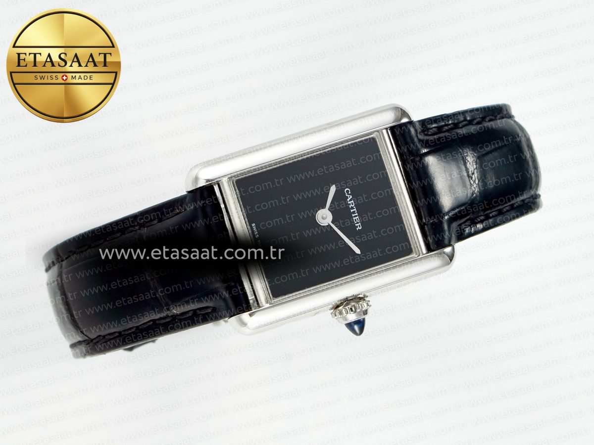 Cartier Tank Must Small SS 29mm DRF 1:1 Best Edition Black Dial on Black Leather Strap Swiss Quartz - Görsel 8