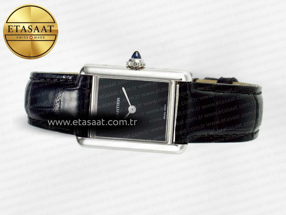Cartier Tank Must Small SS 29mm DRF 1:1 Best Edition Black Dial on Black Leather Strap Swiss Quartz - Görsel 9