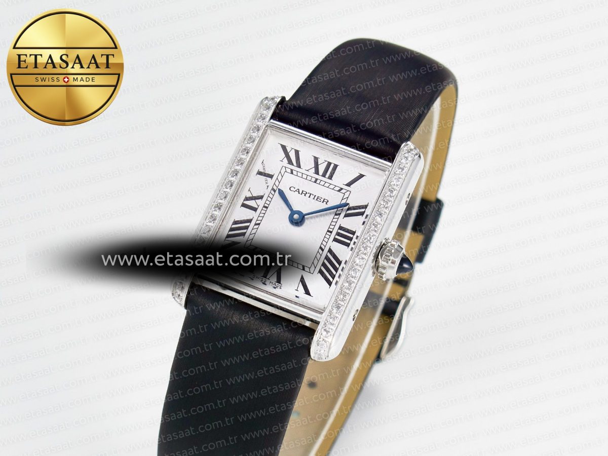 Cartier Tank Must Small SS 29mm DRF 1:1 Best Edition White Dial Diamonds Bezel on Black Calfskin Strap Swiss Quartz - Görsel 1