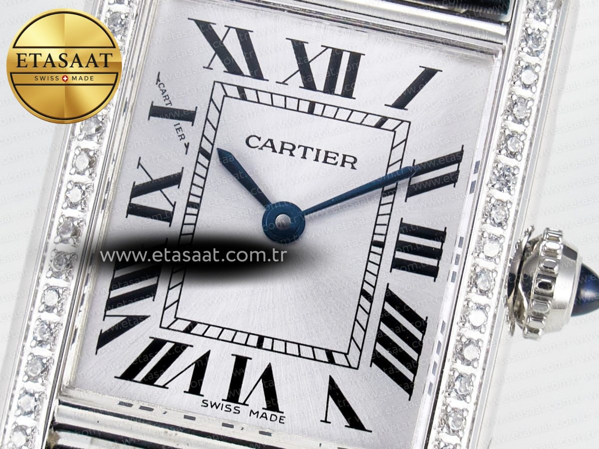 Cartier Tank Must Small SS 29mm DRF 1:1 Best Edition White Dial Diamonds Bezel on Black Calfskin Strap Swiss Quartz - Görsel 10