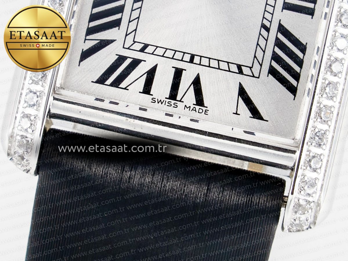 Cartier Tank Must Small SS 29mm DRF 1:1 Best Edition White Dial Diamonds Bezel on Black Calfskin Strap Swiss Quartz - Görsel 11