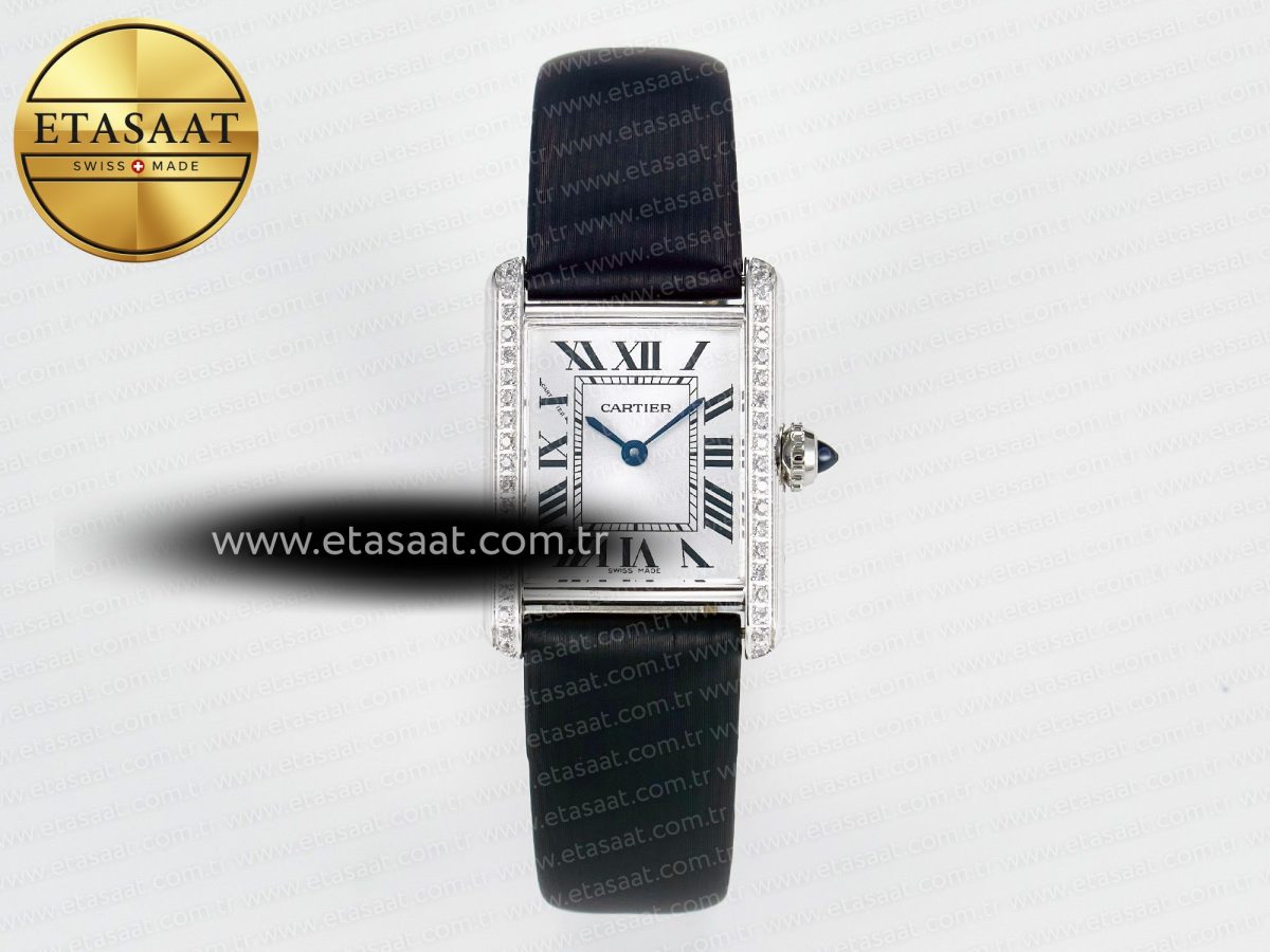 Cartier Tank Must Small SS 29mm DRF 1:1 Best Edition White Dial Diamonds Bezel on Black Calfskin Strap Swiss Quartz - Görsel 3