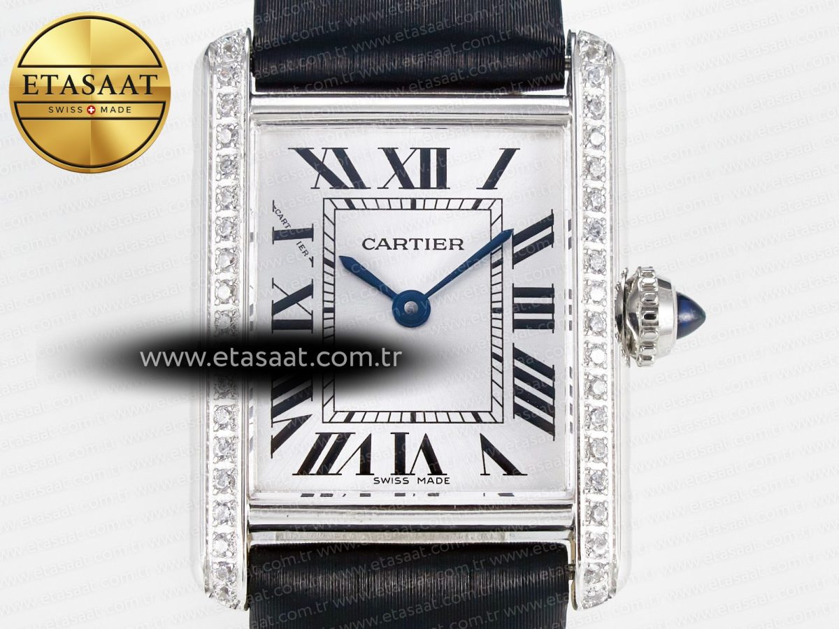 Cartier Tank Must Small SS 29mm DRF 1:1 Best Edition White Dial Diamonds Bezel on Black Calfskin Strap Swiss Quartz - Görsel 4