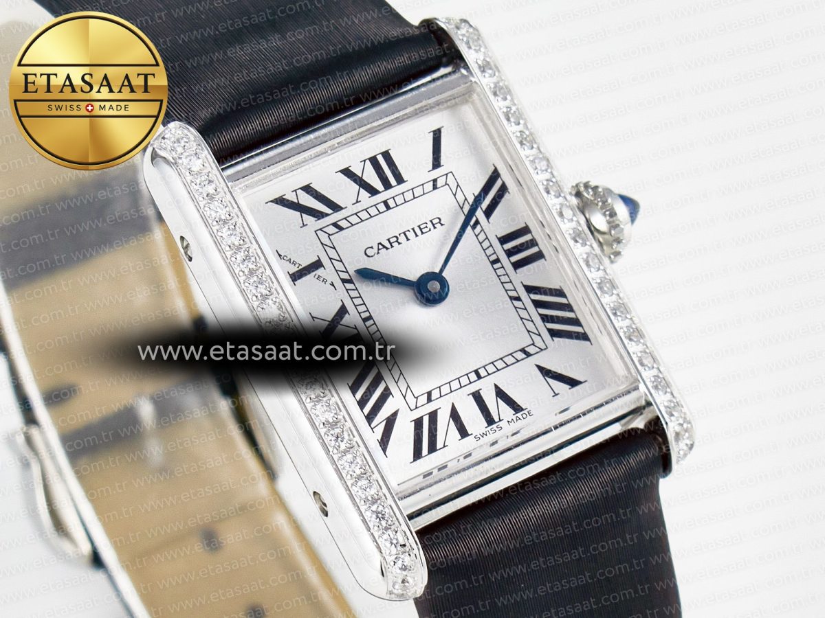 Cartier Tank Must Small SS 29mm DRF 1:1 Best Edition White Dial Diamonds Bezel on Black Calfskin Strap Swiss Quartz - Görsel 5