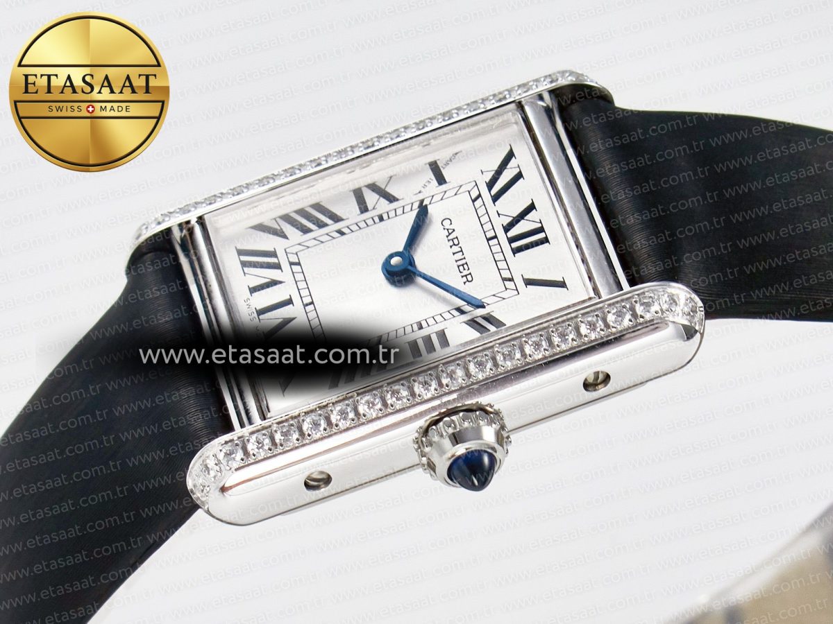 Cartier Tank Must Small SS 29mm DRF 1:1 Best Edition White Dial Diamonds Bezel on Black Calfskin Strap Swiss Quartz - Görsel 6