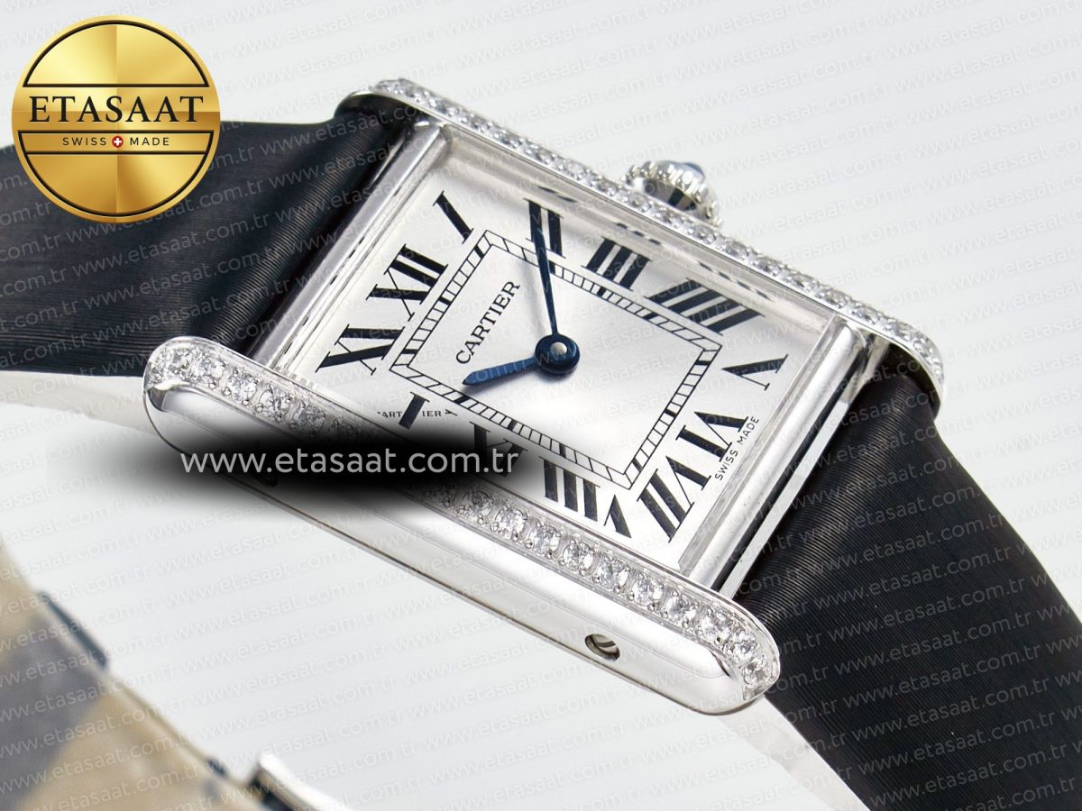 Cartier Tank Must Small SS 29mm DRF 1:1 Best Edition White Dial Diamonds Bezel on Black Calfskin Strap Swiss Quartz - Görsel 7