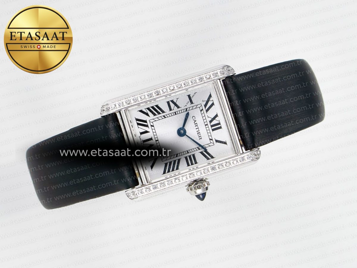 Cartier Tank Must Small SS 29mm DRF 1:1 Best Edition White Dial Diamonds Bezel on Black Calfskin Strap Swiss Quartz - Görsel 8