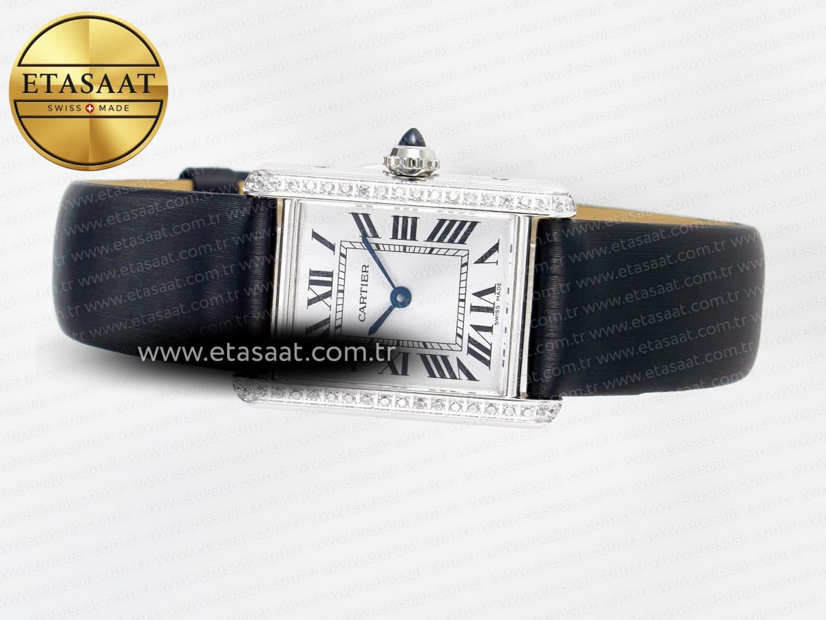 Cartier Tank Must Small SS 29mm DRF 1:1 Best Edition White Dial Diamonds Bezel on Black Calfskin Strap Swiss Quartz - Görsel 9