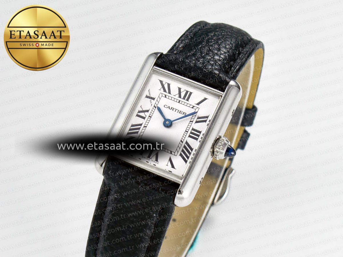 Cartier Tank Must Small SS 29mm DRF 1:1 Best Edition White Dial on Black Leather Strap Swiss Quartz - Görsel 1