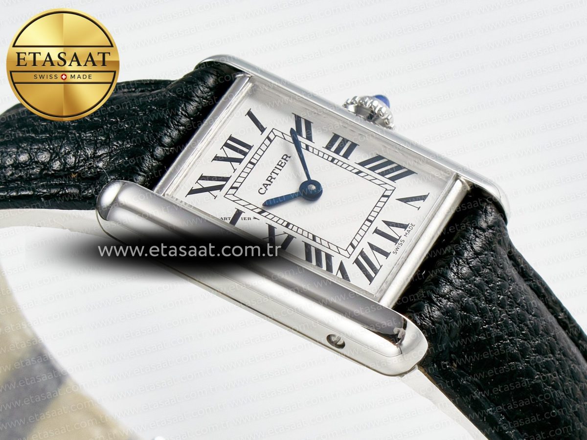 Cartier Tank Must Small SS 29mm DRF 1:1 Best Edition White Dial on Black Leather Strap Swiss Quartz - Görsel 7