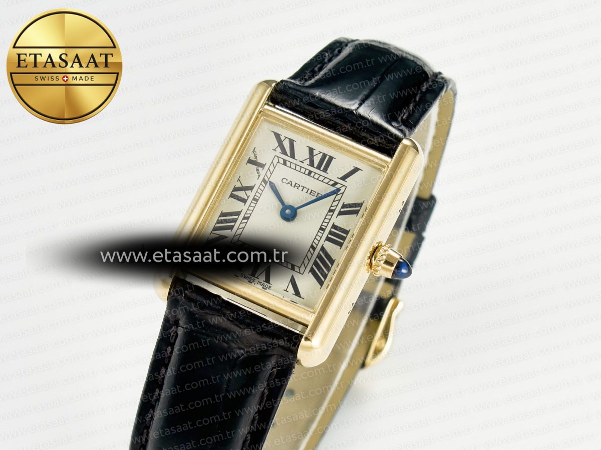 Cartier Tank Must Small YG 29mm DRF 1:1 Best Edition YG Dial on Black Leather Strap Swiss Quartz - Görsel 1