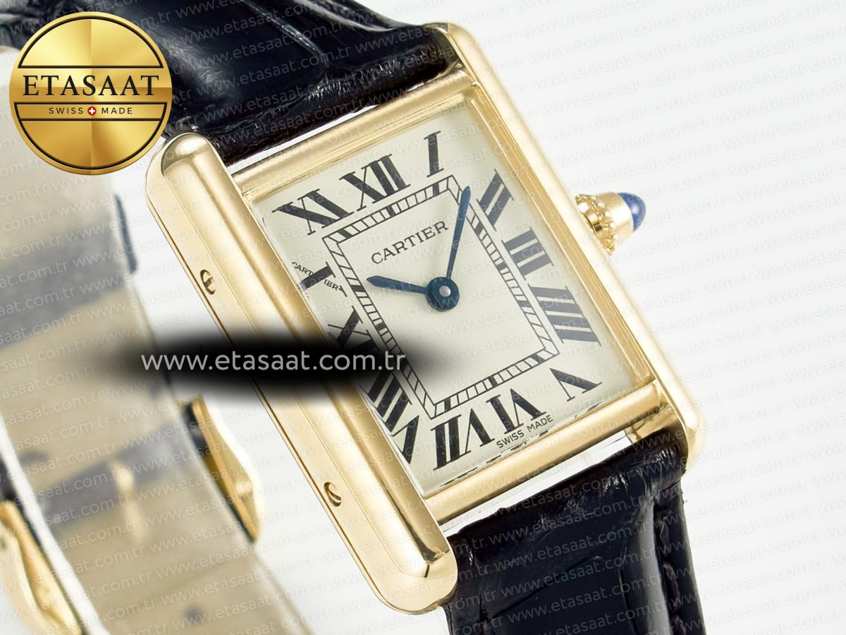 Cartier Tank Must Small YG 29mm DRF 1:1 Best Edition YG Dial on Black Leather Strap Swiss Quartz - Görsel 5