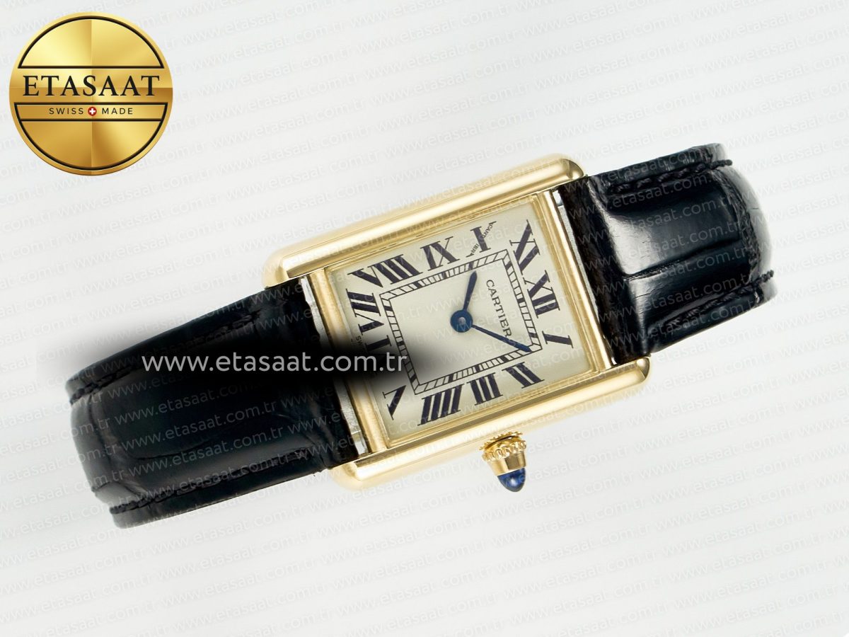 Cartier Tank Must Small YG 29mm DRF 1:1 Best Edition YG Dial on Black Leather Strap Swiss Quartz - Görsel 8