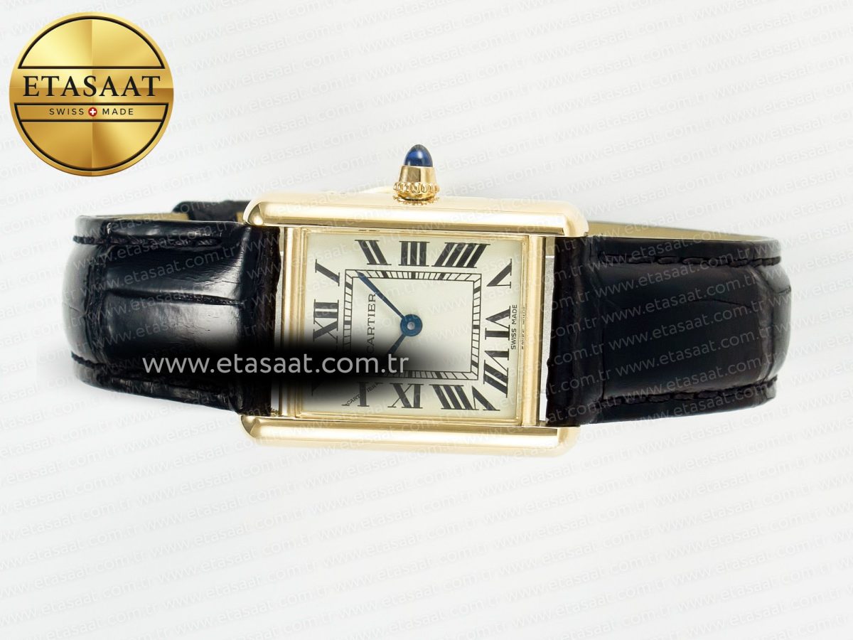 Cartier Tank Must Small YG 29mm DRF 1:1 Best Edition YG Dial on Black Leather Strap Swiss Quartz - Görsel 9
