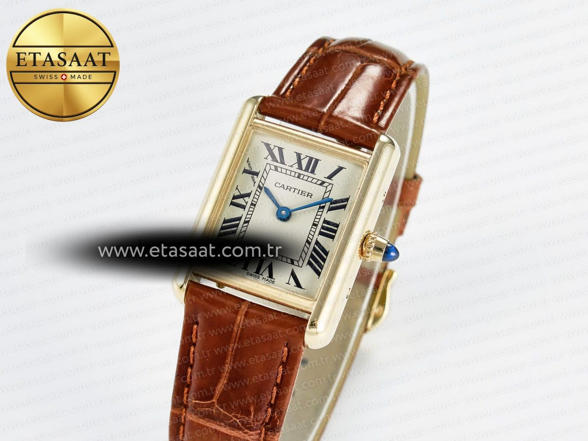 Cartier Tank Must Small YG 29mm DRF 1:1 Best Edition YG Dial on Brown Leather Strap Swiss Quartz - Görsel 1