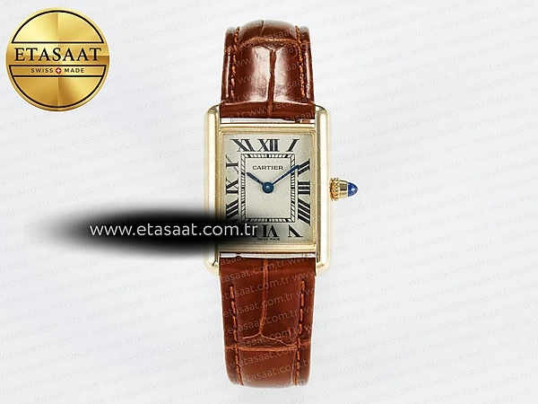 Cartier Tank Must 29mm Şampanya Kadran Sarı Altın Kasa Deri Kordon DRF Swiss Quartz Ref.24086 Super Clone ETA – Ön Cephe Kadran ve Kasa Görünümü