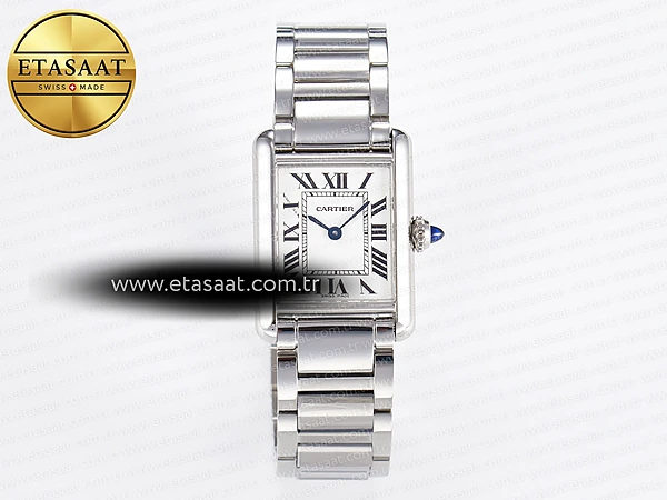 Cartier Tank Must 33.7mm Beyaz Kadran Çelik Bilezik DRF Swiss Quartz Super Clone ETA – Ön Cephe Kadran ve Kasa Görünümü