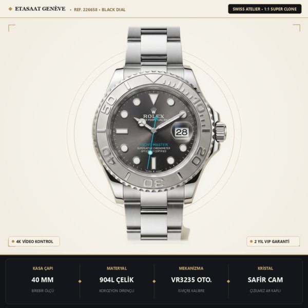 Rolex Yacht-Master 226658 Siyah Kadran Oysterflex VR3235 Eta Saat - 1:1 Süper Klon Replika Saat